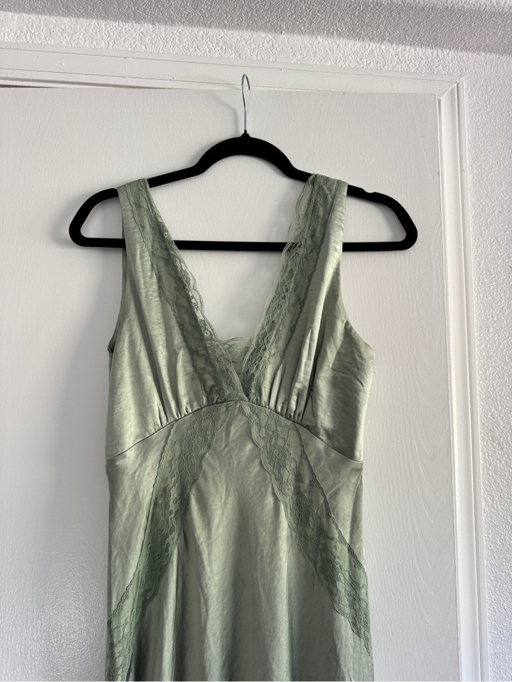Satin Lace Trim Maxi Slip Dress in Sage Green